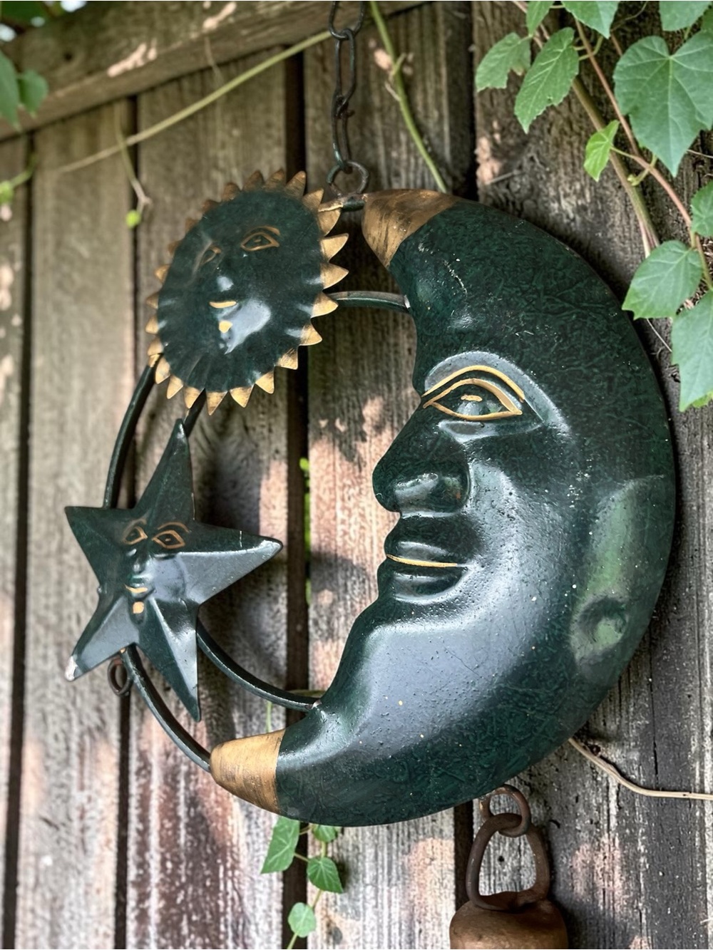 Whimsigoth Celestial Moon Sun Star Metal Bell Wall Hanging